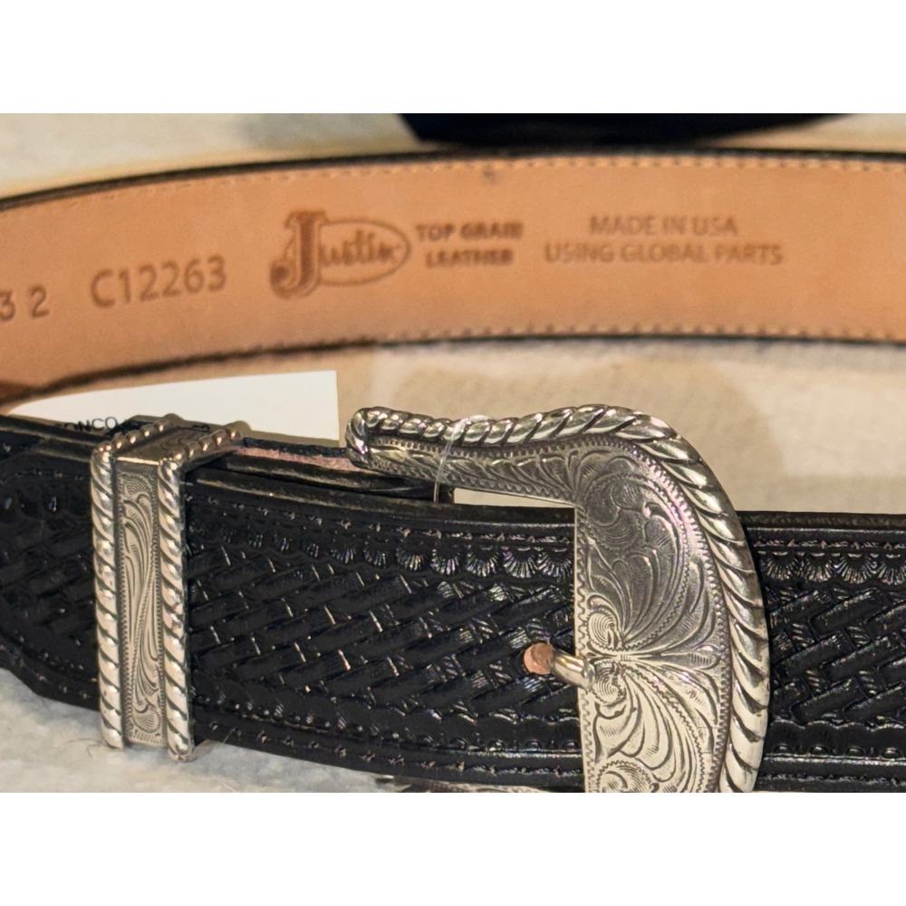 Justin Bronco Blk Top Grain Leather Basketweave Western Belt 32 C12263 USA Made